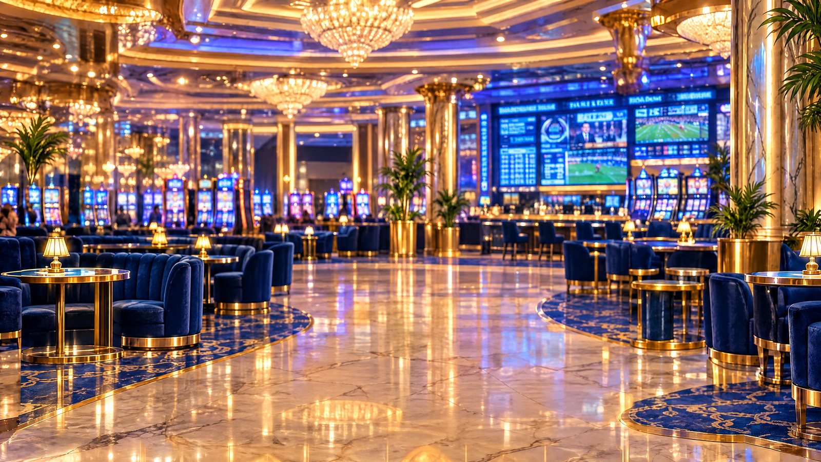 A Las Vegas lounge at night with chandeliers and slot banks