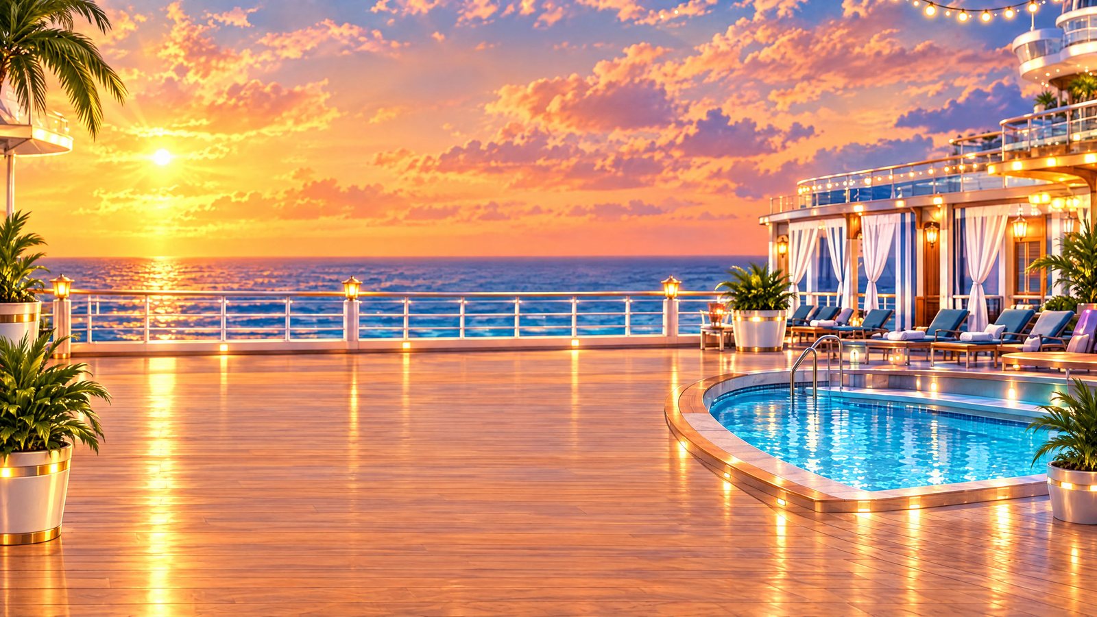 A cruise ship pool deck at sunset