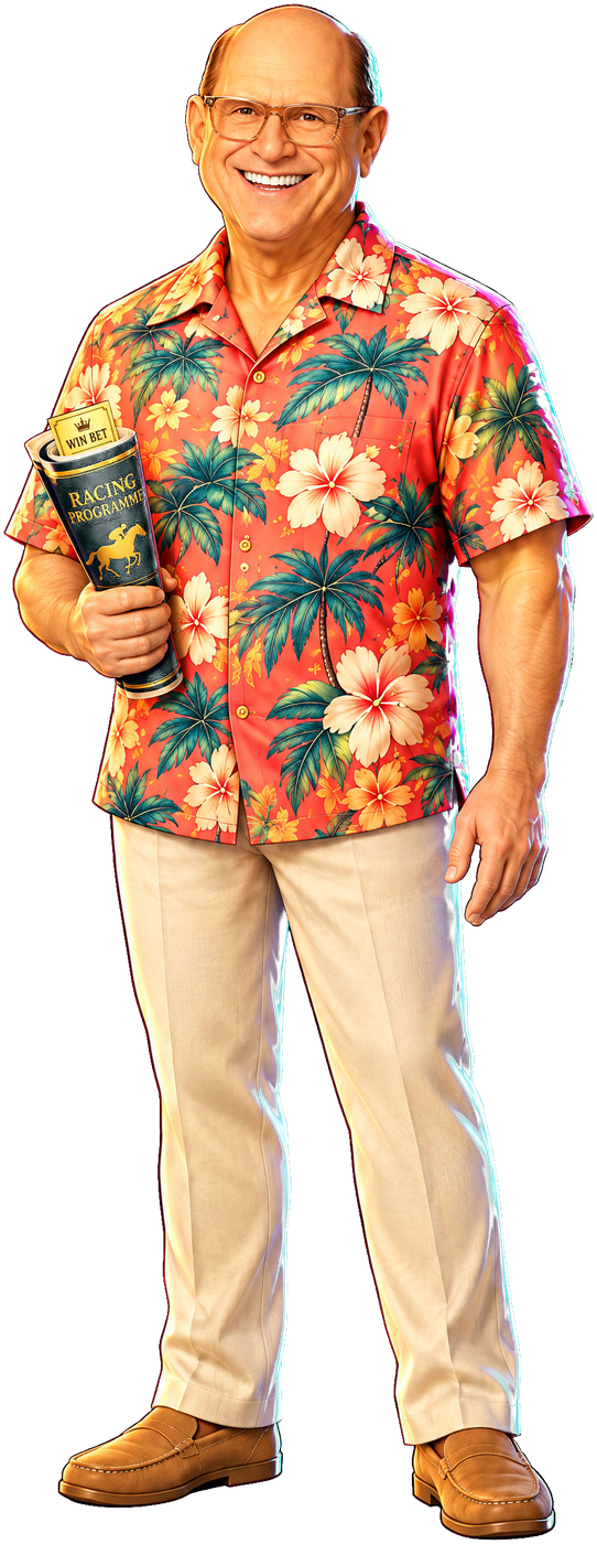 Mickey in his tropical shirt, holding a rolled racing programme